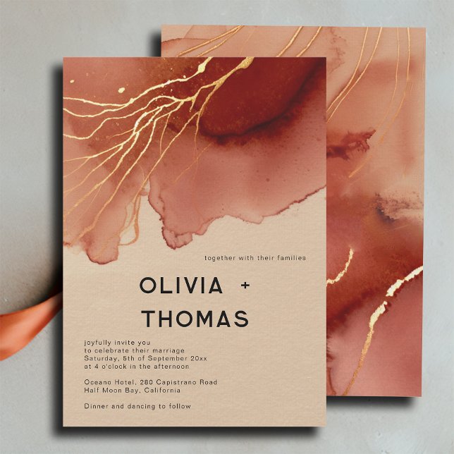 Invitación Terracota Gold Moderno y elegante Beach Fall Weddi (modern fall beach wedding invitation terracotta gold ink watercolor waves typography simple minimal)