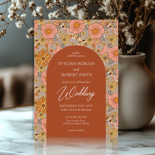 Invitación Terracota groovy boho y boda de flores rosadas (trendy retro groovy flowers terracotta copper and pink wedding invitation)