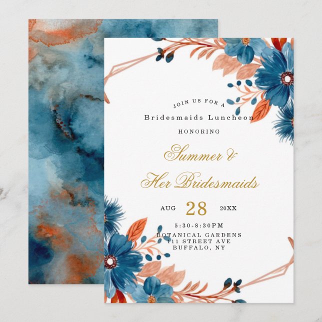 Invitación Terracota Marina Blue Floral Bridesmaids Luncheon (Anverso / Reverso)
