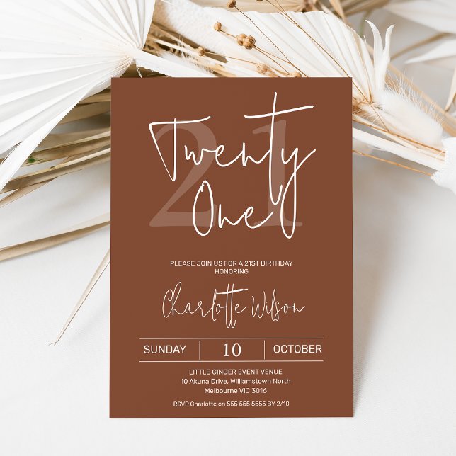 Invitación Terracota Minimalista 21º cumpleaños (Modern terracotta 21st birthday invitation featuring a modern calligraphy font  white text.)