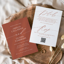 Invitación Terracota Minimalista Boda Doble Cara