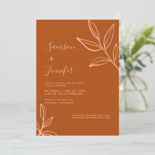 Invitación Terracota minimalista con hojas Boda virtual (Anverso de pie)