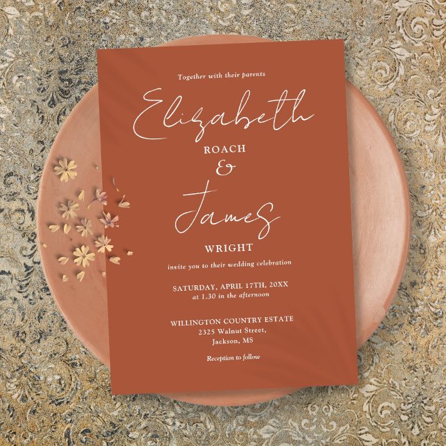 Invitación Terracota Minimalista elegante Boda de guiones (Terracotta Minimalist Elegant Script Wedding Invitation)