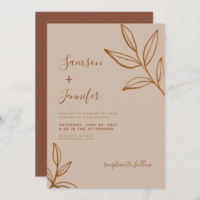 Invitación Terracota moderna con Boda de Leaves Boho (Anverso / Reverso)
