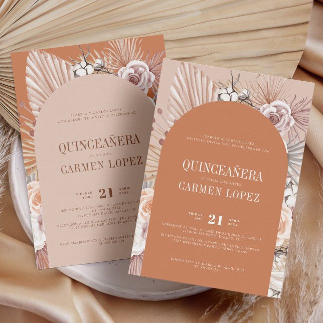Invitación Terracota moderna de Boho bilingüe Quinceanera (Subido por el creador)