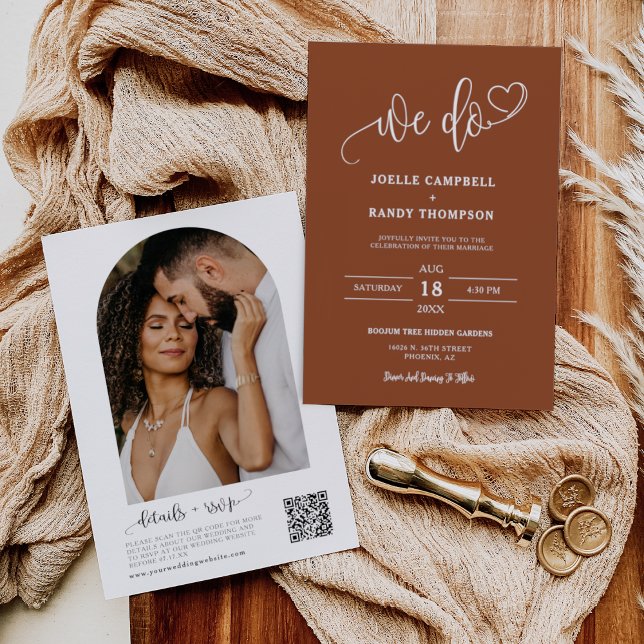 Invitación Terracota moderna Sí Boda Caída Foto Código QR (Subido por el creador)