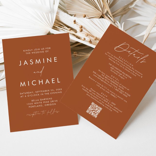 Invitación Terracota moderna todo en un Boda de código QR (Subido por el creador)