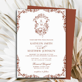 Invitación Terracota Monograma Escudo Vintage Floral Boda