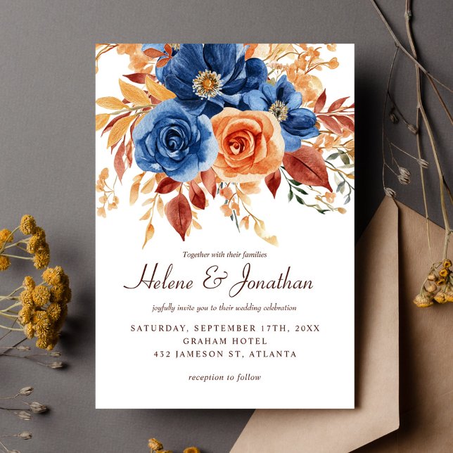 Invitación Terracota Naranja azul de la marina elegante boda (Navy Blue Orange Terracotta Elegant Wedding Invitation)