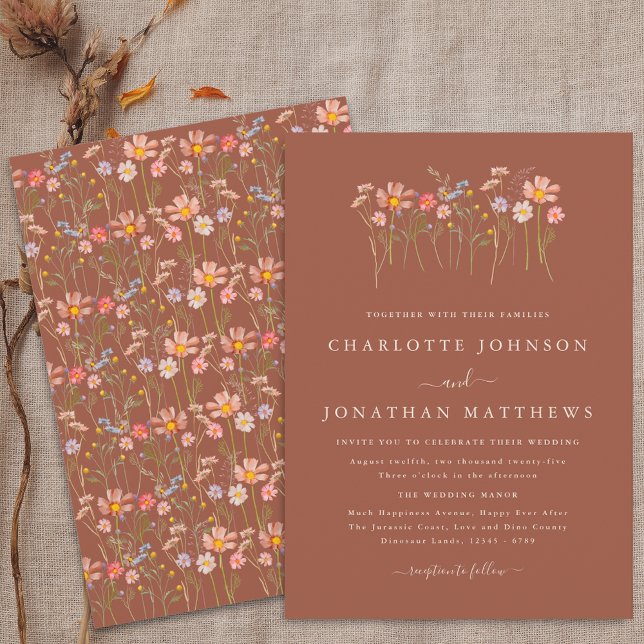 Invitación Terracota Naranja Beige Otoño Bodas de Flores Silv (Boho fall Wildflower floral beige terracotta Wedding invitation Watercolor garden meadow flowers )