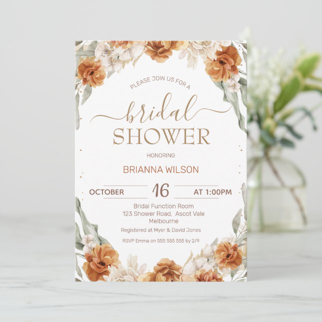 Invitación Terracota Naranja Floral Bridal Shower (Anverso de pie)