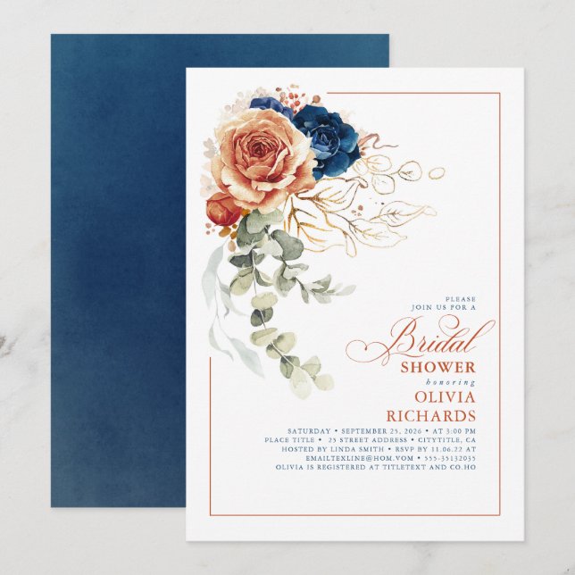 Invitación Terracota Naranja Marina Azul Caída Ducha de Novia (Anverso / Reverso)