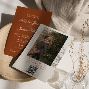 Invitación Terracota Naranja Quemada Código QR Fotográfico Bo