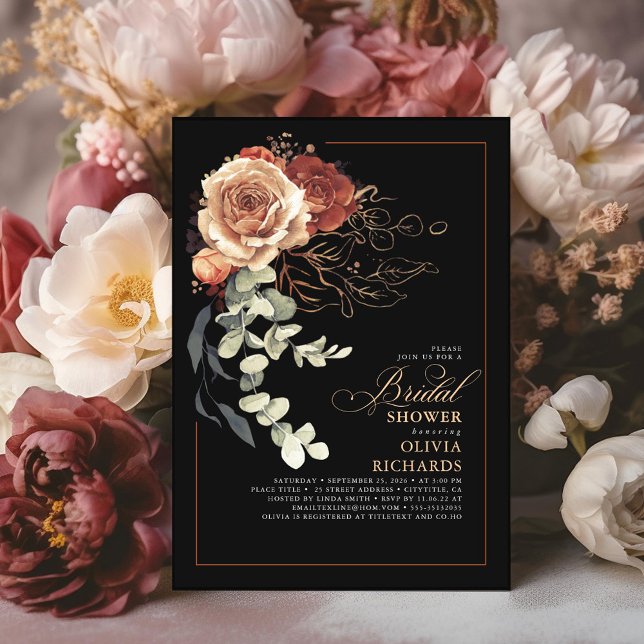 Invitación Terracota Naranja quemada Floral Black Bridal Show (Black and Terracotta Floral Bridal Shower Invitations )