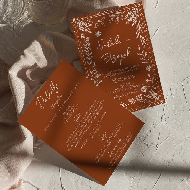 Invitación Terracota Naranja Quemada Floral Todo En Uno Boda (Subido por el creador)