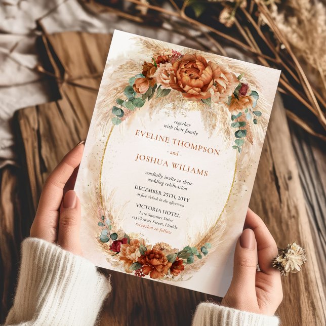Invitación Terracota naranja quemada y boho vegetal (DIGITAL Terracotta burnt orange flowers pampas grass dried palm and eucalyptus wedding invite)