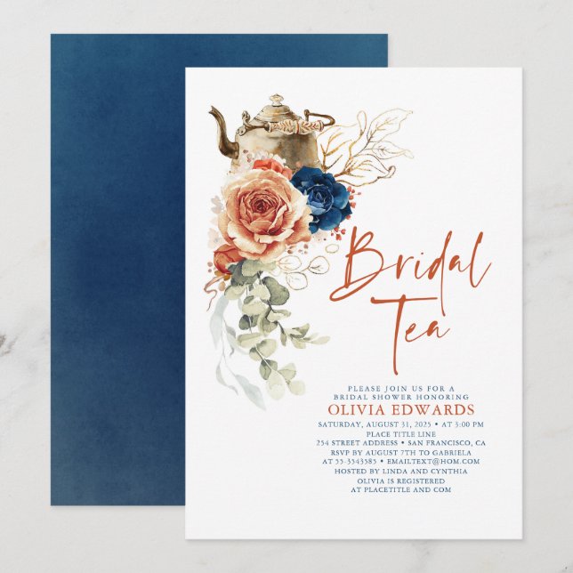 Invitación Terracota Navy Blue Boho Bridal Shower Tea Fiesta (Anverso / Reverso)