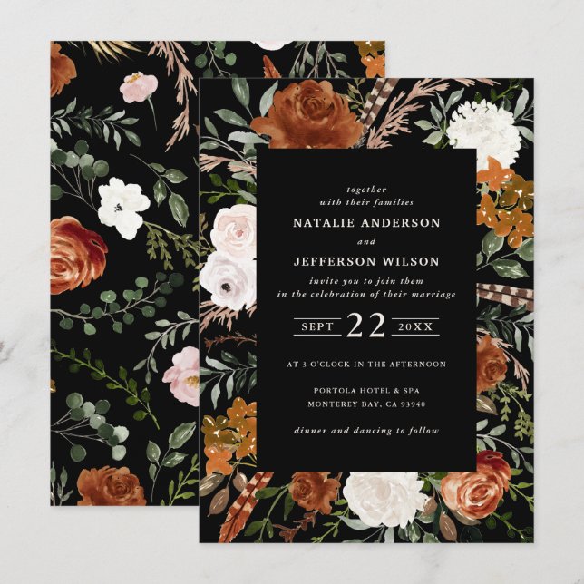 Invitación Terracota negra de presupuesto floral floral rústi (Anverso / Reverso)