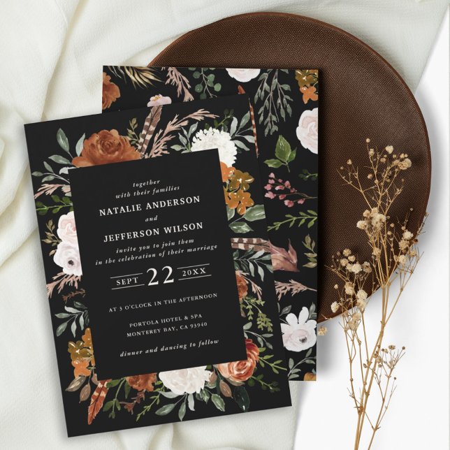 Invitación Terracota negra floral rústica elegante moderno (Subido por el creador)