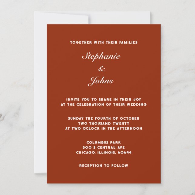 Invitación Terracota Negrita Color cálido de la Tierra Boda s (Anverso)