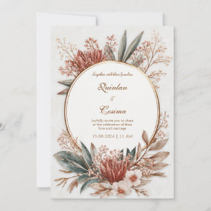Invitación Terracota Protea Verde Teal Hoja Dorado Círculo Bo