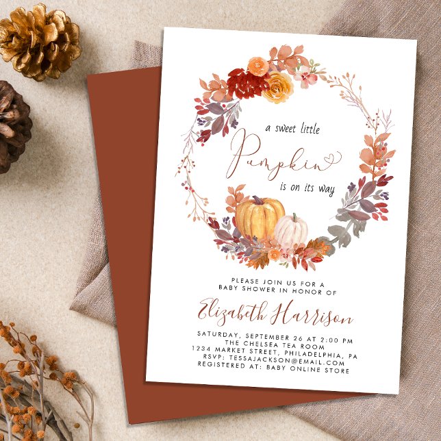 Invitación Terracota Pumpkin Watercolor Baby Shower (Celebrate the upcoming arrival of your sweet little autumn baby with a pumpkin-themed baby shower)