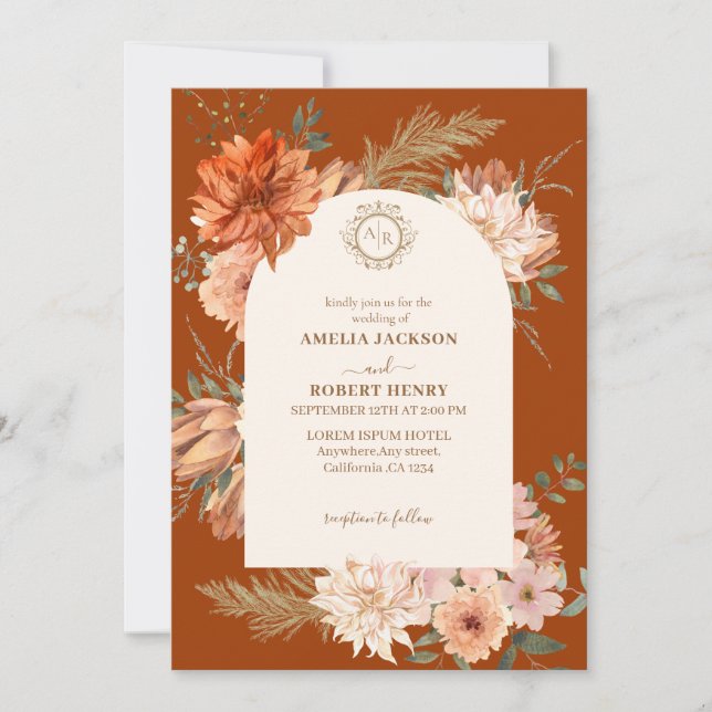 Invitación Terracota quemada naranja floral otoño boda (Anverso)
