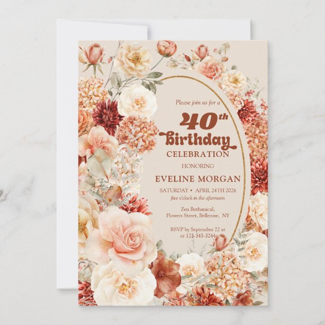 Invitación Terracota retro groovy ruborizada floral 40 cumple (Anverso)