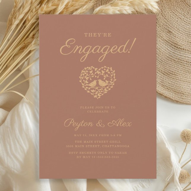 Invitación Terracota Rust Love Birds Hearting Engagement Part (Terracotta/burnt orange "Love birds" wedding engagement party invitation)