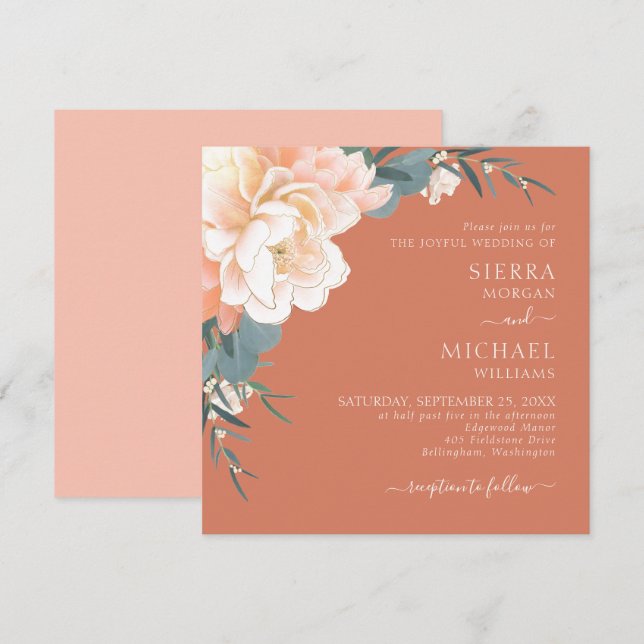Invitación Terracota Rust Rubor Peach Gold Floral Boda In (Anverso / Reverso)