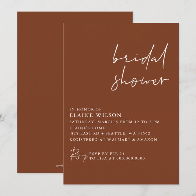 Invitación Terracota Sencilla Elegante Moderna Ducha Nupcial (Anverso / Reverso)