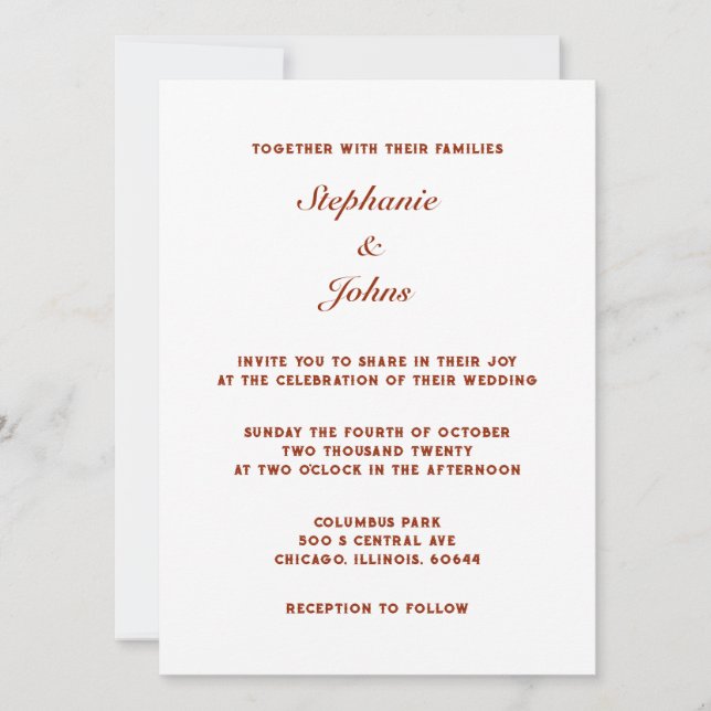 Invitación Terracota simple Boda blanco cálido de la Tierra (Anverso)