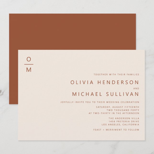 Invitación Terracota Tipografía Mínima Boda Monograma (Anverso / Reverso)