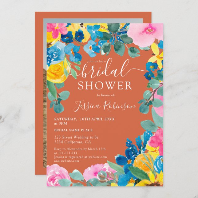 Invitación Terracota verano foto de flores ducha de novia (Anverso / Reverso)