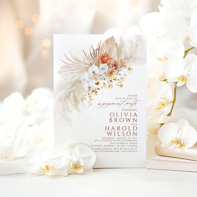 Invitación Terracota White Flowers Partido Compromiso Boho (White Orchids Terracotta Engagement Party Invitations)