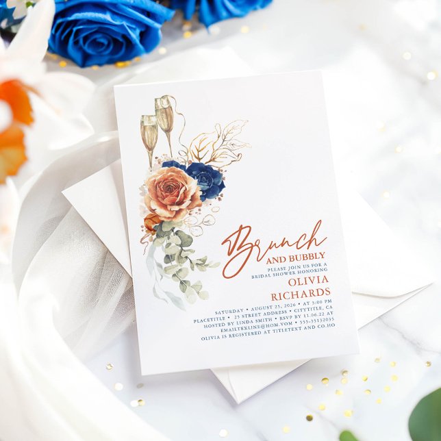 Invitación Terracota y Blue Brunch and Bubbly Bridal Shower (Navy Blue and Terracotta Bridal Shower Invitations)