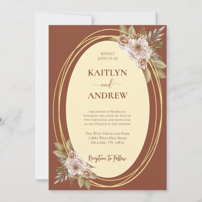Invitación Terracota y Boda de flores Boho elegante de oro (Anverso)