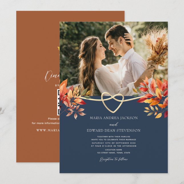 Invitación Terracota y boda de otoño rústica azul de la marin (Anverso / Reverso)