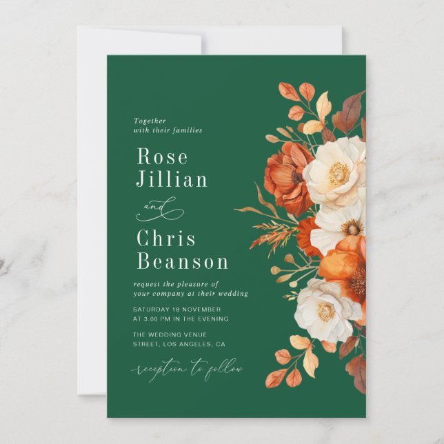 Invitación Terracota Y Boda Floral Verde Esmeralda (Anverso)