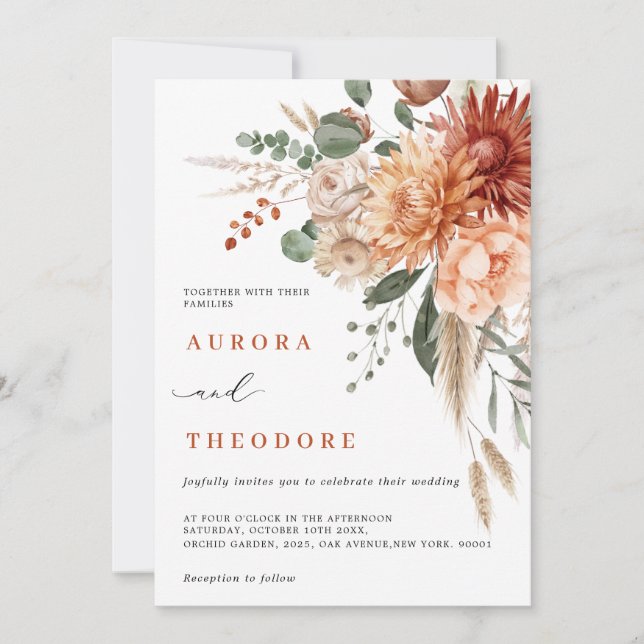 Invitación Terracota y Boda floral verde esmeralda (Anverso)