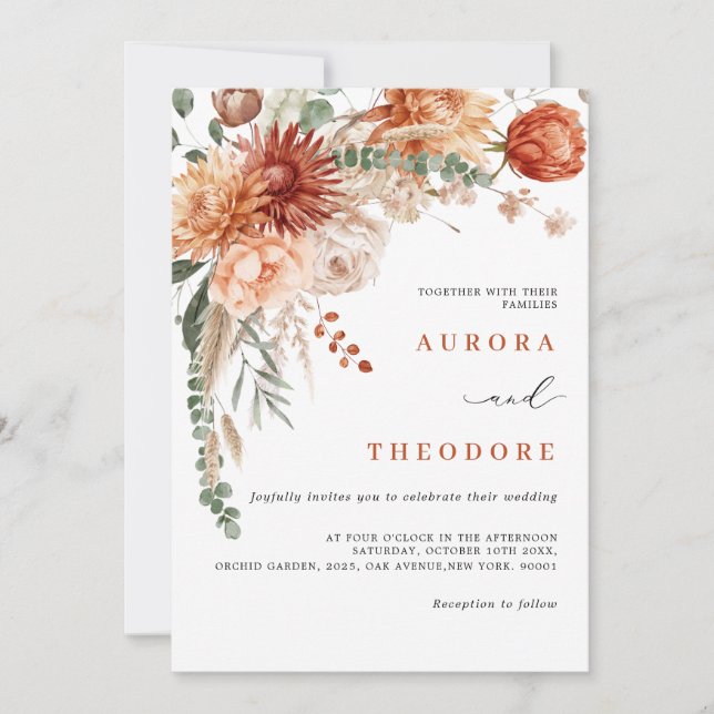 Invitación Terracota y Boda floral verde esmeralda (Anverso)