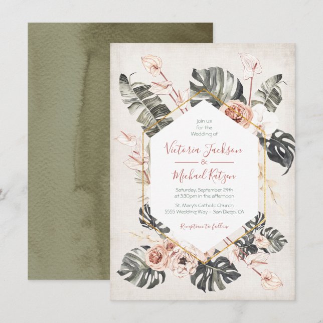 Invitación Terracota y Boda follárico tropical verde (Anverso / Reverso)