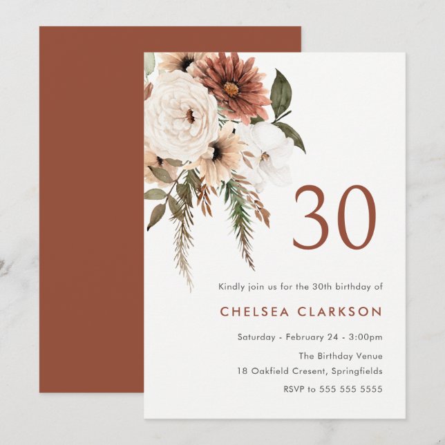 Invitación Terracota y Fiesta de Floral de Boho Blanco 30 cum (Anverso / Reverso)
