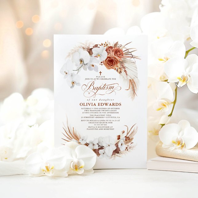 Invitación Terracota y flores blancas bautismo de Moda boho (White Orchids Terracotta Baptism Invitations)