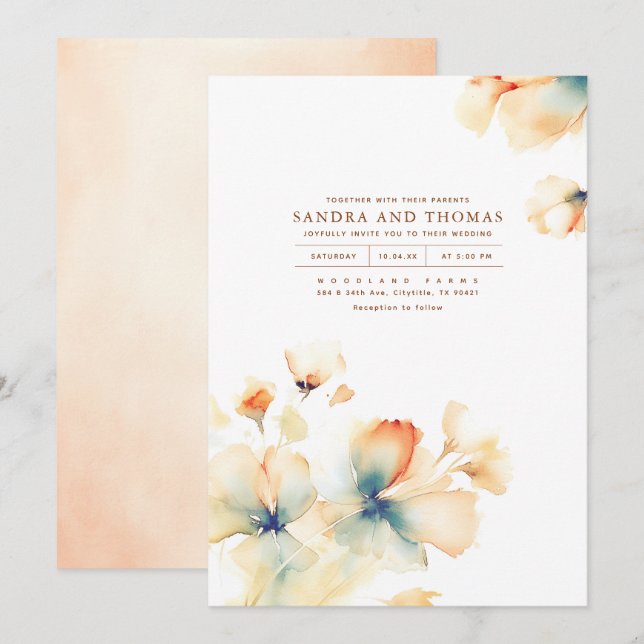 Invitación Terracota y flores Verde azuladas Elegante boda de (Anverso / Reverso)