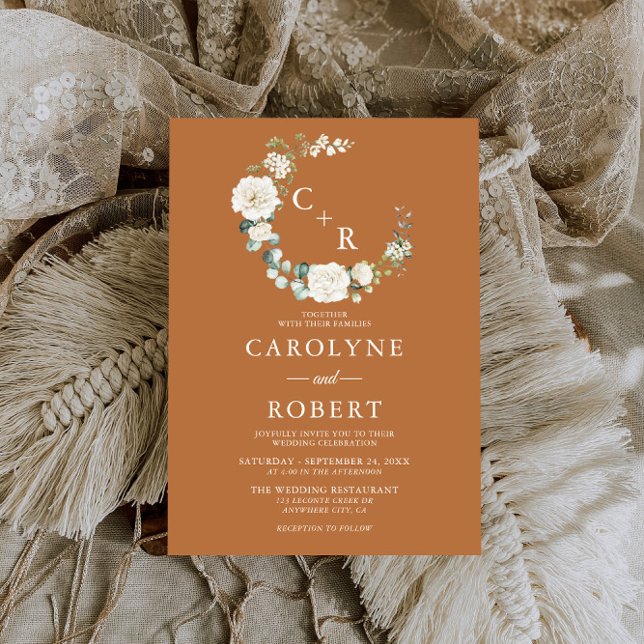 Invitación Terracota y Monograma floral blanco Boda de la cor (Subido por el creador)