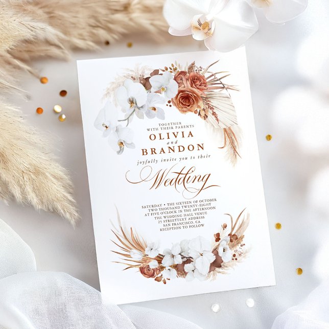 Invitación Terracota y orquídeas blancas Flores Boho Boda (Terracotta Wedding Invitation)