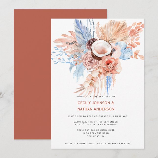 Invitación Terracota y Pale Blue Tropical Beach Wedding | (Anverso / Reverso)