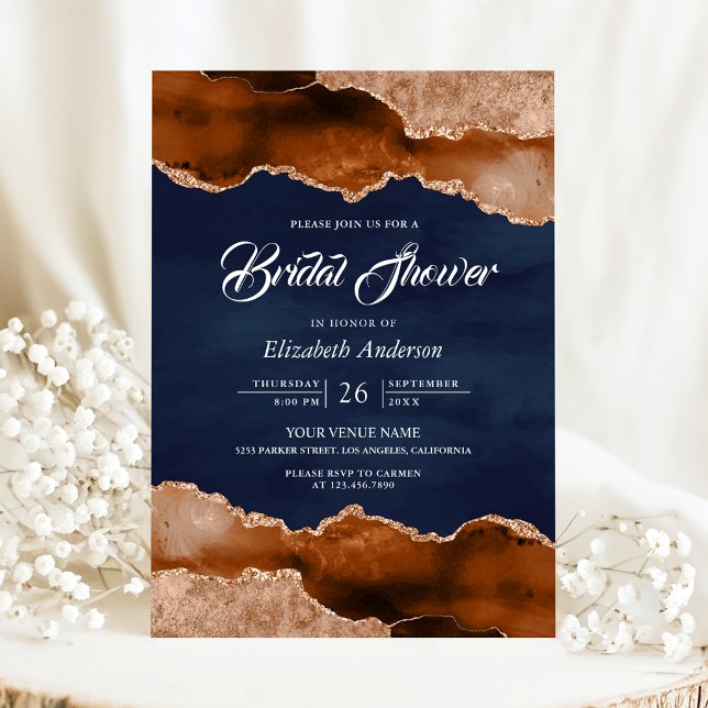 Invitación Terracotta Agate Marble Navy Blue Bridal Shower (Subido por el creador)