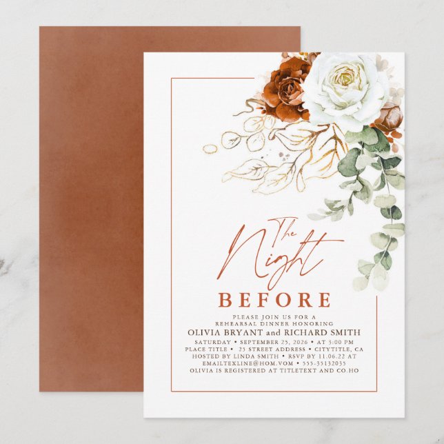 Invitación Terracotta and White Floral Rehearsal Dinner (Anverso / Reverso)